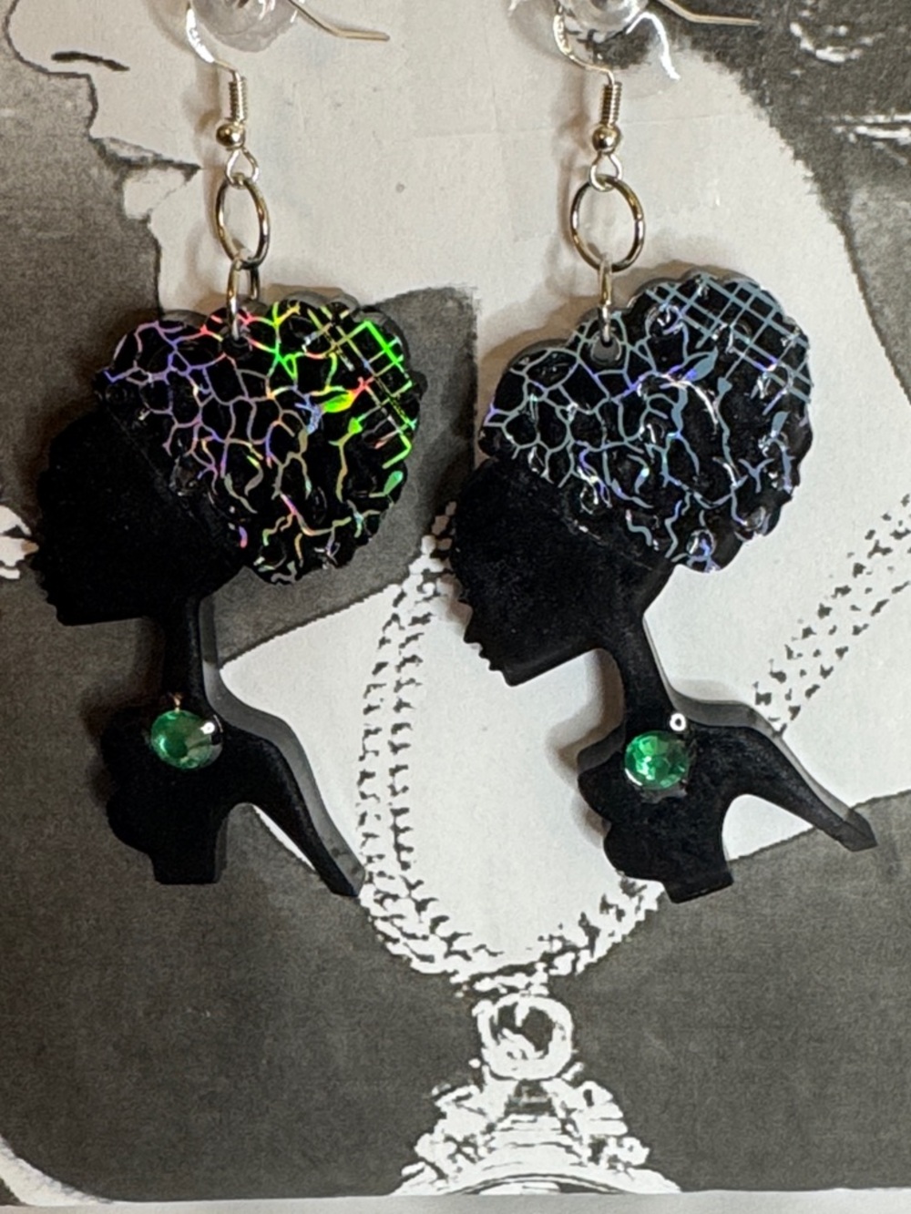 Black Afro Silhouette Earrings with Green Accent - Women Jewelry Earrings